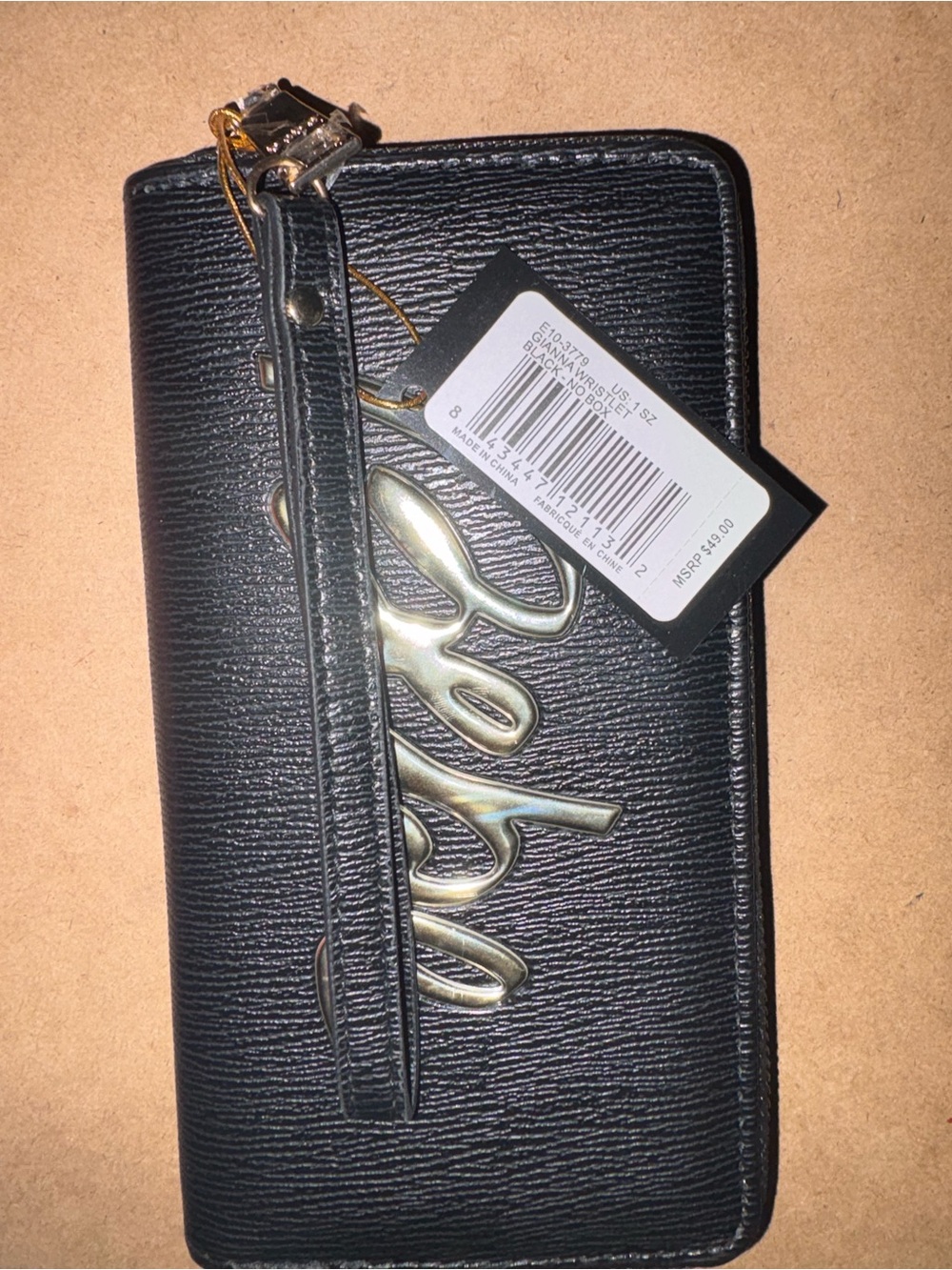 bebe Black Textured Zip Wallet with Gold Logo Script